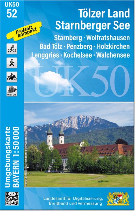 Tölzer Land, Starnberger See; Starnberg, Wolfratshausen; Freizeit kompakt; UK50; Bayern 1:50 000; Kloster, Berge im Hintergrund.