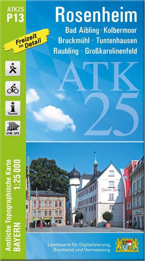 "ATK25 P13", "Rosenheim", "Freizeit im Detail". Gebäude und blauer Himmel. Icon für Wanderer, Fahrrad und GPS.