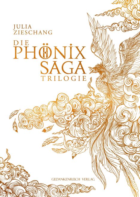 "Julia Zieschang, Die Phönix Saga Trilogie, Gedankenreich Verlag. Liniezeichnung eines Phönix, umgeben von Wolken."