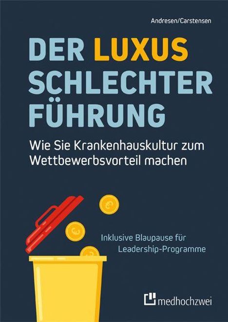 "Der Luxus schlechter Führung" steht groß. Darunter ein Mülleimer mit Münzen. Hinweis auf Krankenhauskultur.
