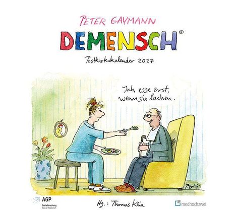 "DEMENSCH Postkartenkalender 2024. Ich esse erst, wenn sie lachen." Illustration zeigt humorvolle Szene von zwei Personen.