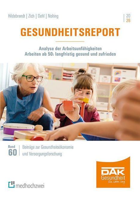 "GESUNDHEITSREPORT: Analyse der Arbeitsunfähigkeiten. Kind mit Spielzeug, ältere Menschen sitzen zusammen. DAK Gesundheit Logo."