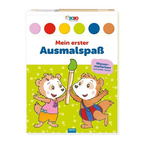 „Mein erster Ausmalspaß. Wassermalfarben auf jeder Seite!“ Zwei fröhliche Tierkinder halten einen großen Pinsel.