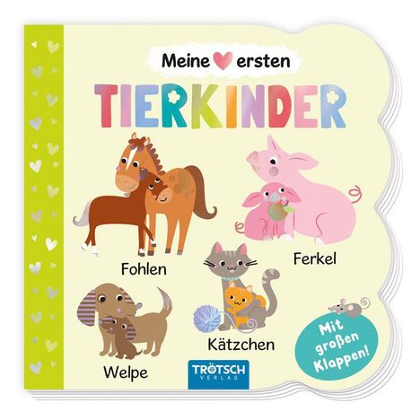 „Meine ersten TIERKINDER“, Illustration von Fohlen, Ferkel, Welpe, Kätzchen; Grüntöne mit Herzmuster und Logo.