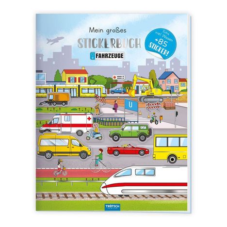 "Mein großes Stickerbuch Fahrzeuge" steht oben. Darunter zeigt eine Illustration verschiedene Fahrzeuge in Stadtszene.