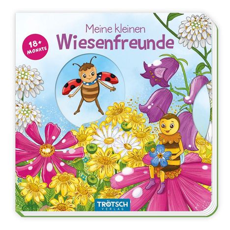 "Meine kleinen Wiesenfreunde", "18+ Monate". Illustrationen von Blumen, einer Biene und einem Marienkäfer. Logo "Trötsch Verlag".