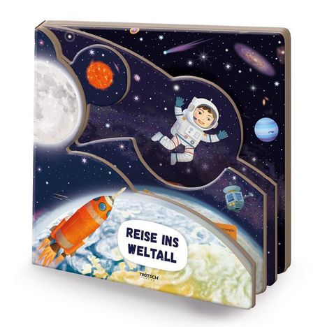 "Reise ins Weltall" steht auf einem kindgerechten Buch. Ein Astronaut schwebt im Weltraum, umgeben von Planeten und Raketen.
