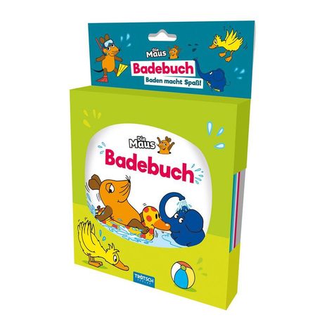 Text: "Die Maus Badebuch", "Baden macht Spaß!". Illustration: Maus, Elefant und Ente im Wasser, Hintergrund grün.