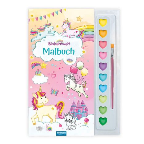 "Einhornwelt Malbuch". Bunte Einhörner, Regenbogen, Sterne und ein Schloss. Aquarellfarben und Pinsel an der Seite.