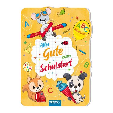 „Alles Gute zum Schulstart“, bunte Buchstaben und Tiere wie Maus, Eichhörnchen und Hund mit Schultüte auf gelbem Hintergrund.