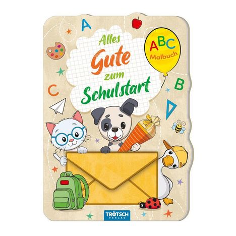 "Alles Gute zum Schulstart" steht auf einem verspielten Cover. Eine Katze, ein Hund und eine Ente sind mit Schulutensilien abgebildet.