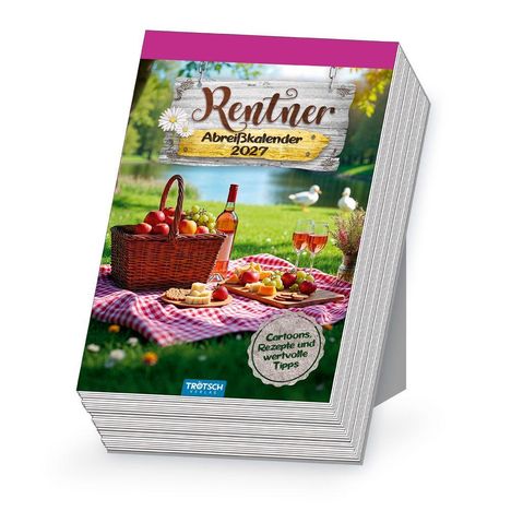 "Rentner Abreißkalender 2027", "Cartoons, Rezepte und wertvolle Tipps". Picknickkorb und Essen auf kariertem Tuch am See.