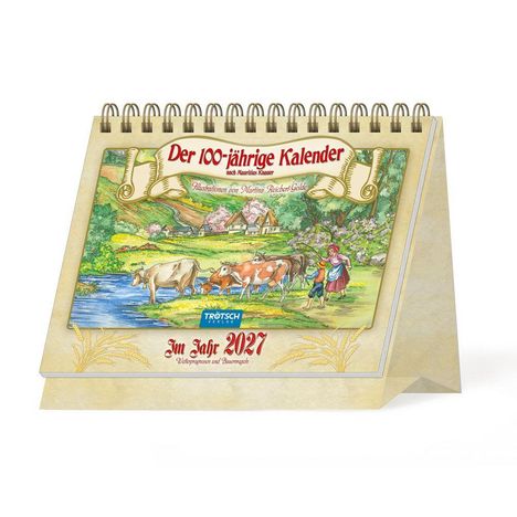 „Der 100-jährige Kalender“, „Illustrationen von Martina Reichert-Golle“, „Im Jahr 2027“. Illustration: Kühe, Landschaft.