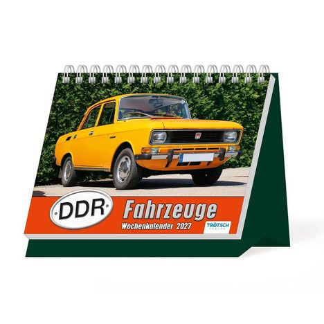 Text: "DDR Fahrzeuge, Wochenkalender 2027". Auf dem Cover ist ein gelbes Auto vor grüner Hecke.