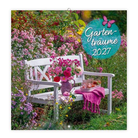 Text: "Gartenträume 2027".   
Szene: Weiße Bank im Blumenfeld, rosa Blüten, Vase, Getränketablett, pinke Decke.