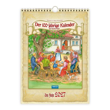 „Der 100-jährige Kalender“ und „Im Jahr 2027“. Illustration von Menschen unter einem Baum vor einem Haus.