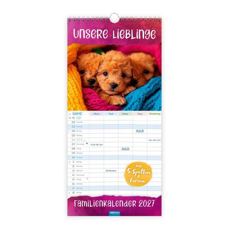 "Unsere Lieblinge", "Familienkalender 2027", Welpenfoto, Kalenderseiten mit Spalten und Text "Mit 5 Spalten & Ferien".