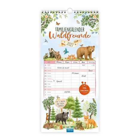 "Familienkalender Waldfreunde 2024" oben. Niedliche Waldbewohner wie ein Bär, Fuchs und Schmetterlinge umgeben den Kalender.