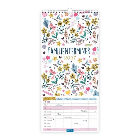 "FAMILIENTERMINER 2027" oben im Kalender. Bunte Blumen- und Herzmuster, mit Spalten für Namen und Termine.