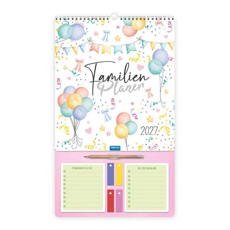 "Familien Planer 2027". Illustration mit bunten Luftballons, Wimpeln und Konfetti. Einkaufs- und To-do-Listen darunter.