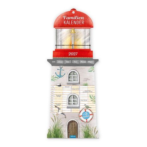 Familienkalender 2027, Namen: Anna, Ina, Tom, Mama, Papa. Illustration eines Leuchtturms mit maritimen Motiven.