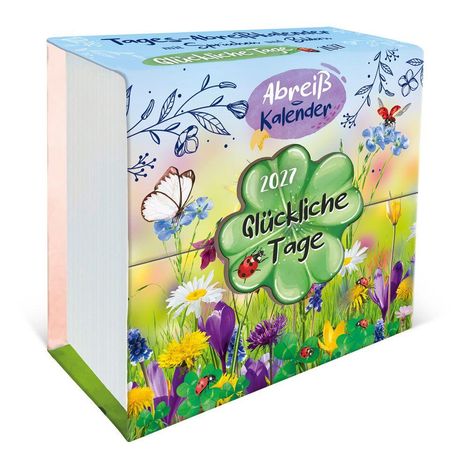„2027 Glückliche Tage“ steht in einer grünen Blume. Bunte Blumen, Schmetterlinge, Marienkäfer.
