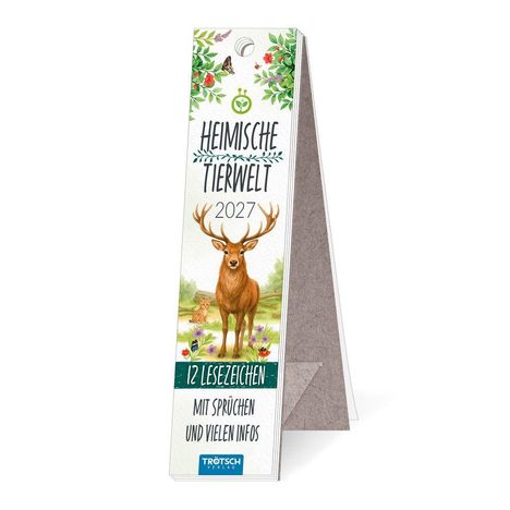 Heimische Tierwelt 2027: Illustration mit Hirsch und Natur, 12 Lesezeichen mit Sprüchen und vielen Infos.