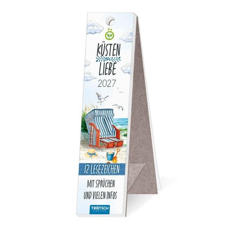 "Küstenliebe 2027", 12 Lesezeichen mit Sprüchen und Infos. Illustration: Strandkorb, Meer, Möwen, Himmel.