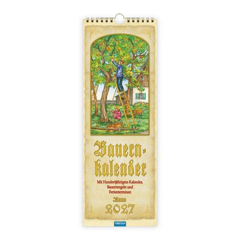 Bauernkalender 2027. Illustration: Person erntet unter einem Apfelbaum, Leiter und Kind mit Eimer im Garten.