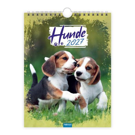 Text: "Hunde 2027". Zwei spielende Welpen auf grünem Hintergrund. Oben ist eine Spiralbindung. 