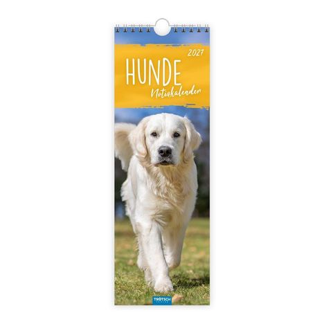 Text: "Hunde Notizkalender 2027." Ein laufender, freundlicher weißer Hund auf grünem Gras.