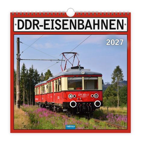 "DDR-EISENBAHNEN", "2027". Ein roter Zug fährt durch eine grüne Landschaft mit blühenden Pflanzen.