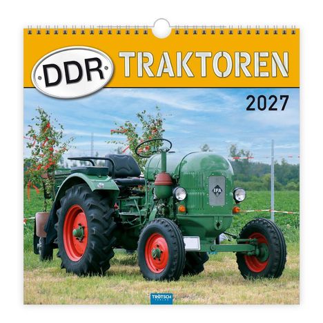 „DDR Traktoren 2027“. Grüner Traktor auf einer Wiese, blauer Himmel im Hintergrund.