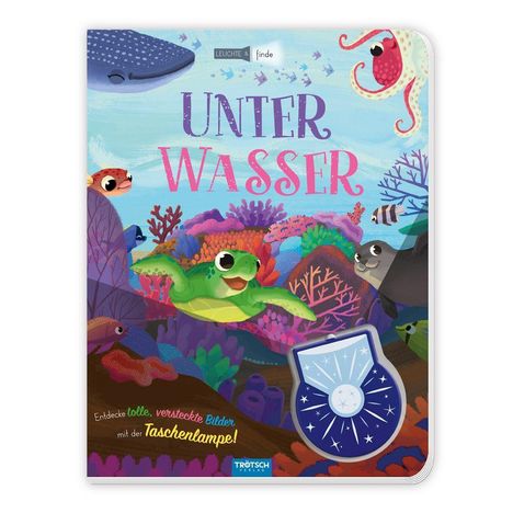 "UNTER WASSER" in großen bunten Buchstaben. Bunte Meereslebewesen, Schildkröte und Oktopus. Logo unten: TRÖTSCH.