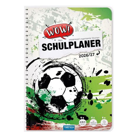 "Mein wissenswert organisierter Wochen-Schulplaner 2026/27." Illustration: Skizze eines Fußballs auf grünem Hintergrund.