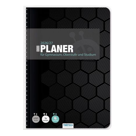 Texte "DER PLANER 2026/27" und "für Gymnasium, Oberstufe und Studium" auf einem schwarz-gräulichen Wabenmuster-Hintergrund.