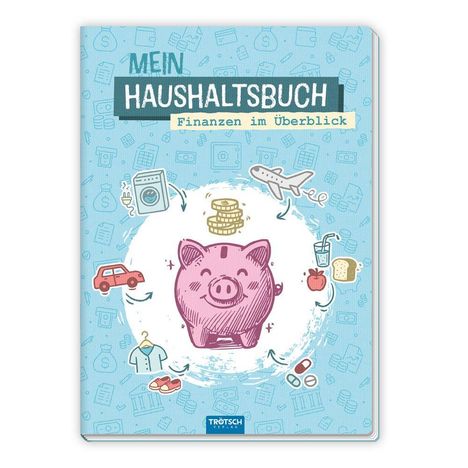 "MEIN HAUSHALTSBUCH Finanzen im Überblick." Illustration: Sparschwein, Flugzeug, Münzen und Alltagsgegenstände.