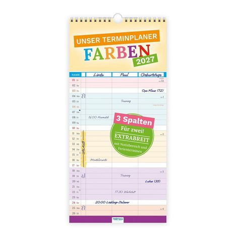 Terminplaner 2027 mit drei Spalten: Linda, Paul, Geburtstage. Enthält bunte Wochenübersicht und Sticker "3 Spalten, Extrabreit".