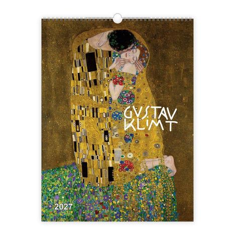 Text: "GUSTAV KLIMT", "2027". Illustration: Ein Paar umarmt sich in einem goldverzierten, farbenfrohen Gewand.