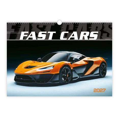 "FAST CARS" und "2027" in weißem und orangem Text. Sportwagen in leuchtendem Orange und Schwarz, modern und futuristisch.