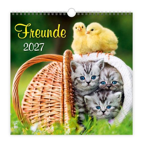 „Freunde 2027“ in gelber und weiße Schrift. Drei Kätzchen in einem Korb, oben sitzen zwei Küken.