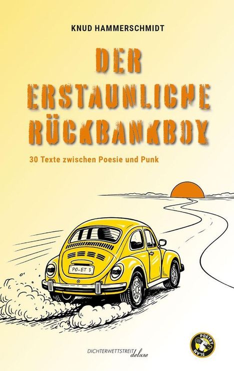 Titel: "Der erstaunliche Rückbankboy". Ein gelbes Auto fährt in Richtung Sonnenuntergang auf einer kurvenreichen Straße.