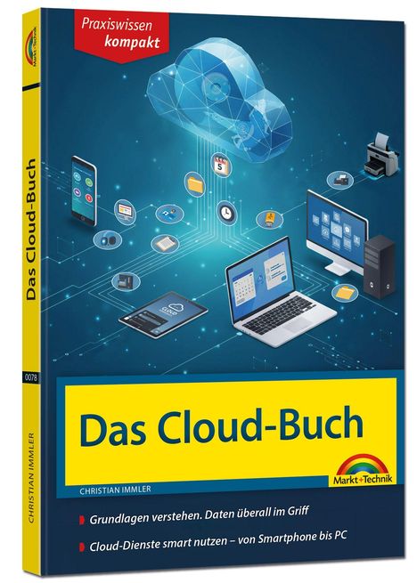 "Das Cloud-Buch" und "Praxiswissen kompakt" sind hervorgehoben. Eine Cloud und Geräte sind in einer blauen digitalen Umgebung.