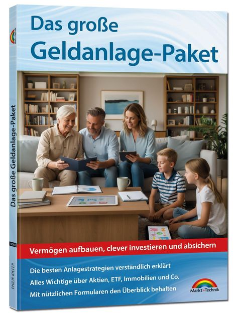 "Das große Geldanlage-Paket. Vermögen aufbauen, clever investieren und absichern."  
Vier Erwachsene auf einem Sofa, zwei Kinder davor.