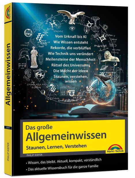 „Das große Allgemeinwissen. Staunen, Lernen, Verstehen.” Es zeigt eine Illustration mit wissenschaftlichen Symbolen und Figuren.