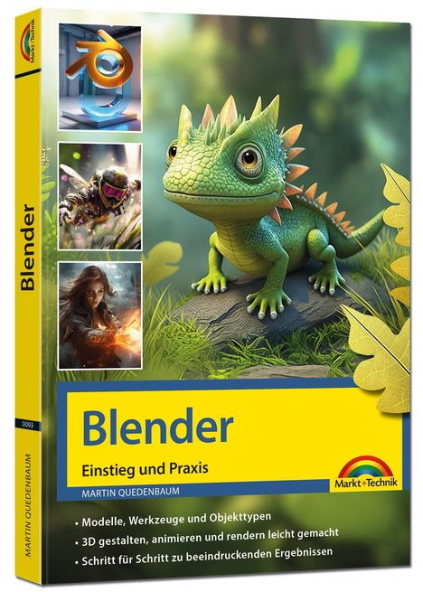 Text: Blender, Einstieg und Praxis, Martin Quedenbaum. Bunte Illustration eines grünen, cartoonartigen Drachens.