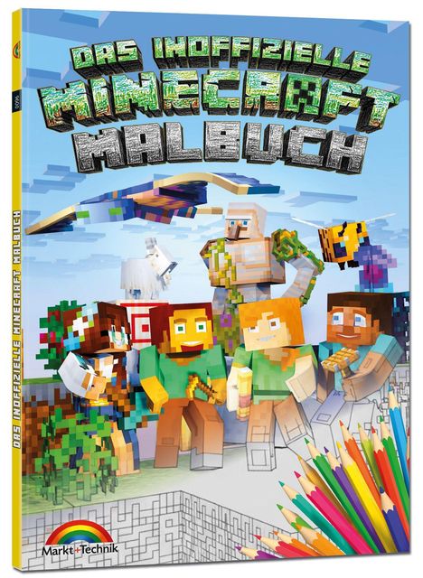"Das inoffizielle Minecraft Malbuch." Klötzchenfiguren in Minecraft-Look, bunte Bleistifte, wolkiger Himmel, blauer Hintergrund.