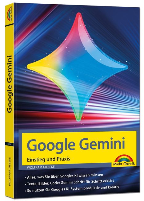 "Google Gemini" Buchcover: Bunte geometrische Form auf blauem Hintergrund, gelber Textkasten, Verlag "Markt+Technik Logo".