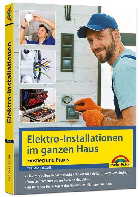 Titel: "Elektro-Installationen im ganzen Haus". Ein Mann montiert eine Steckdose, daneben Werkzeuge und Kabel.