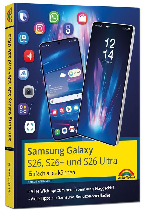 "S26, S26+ und S26 Ultra – Einfach alles können" zeigt zwei Samsung-Smartphones, umgeben von App-Icons.